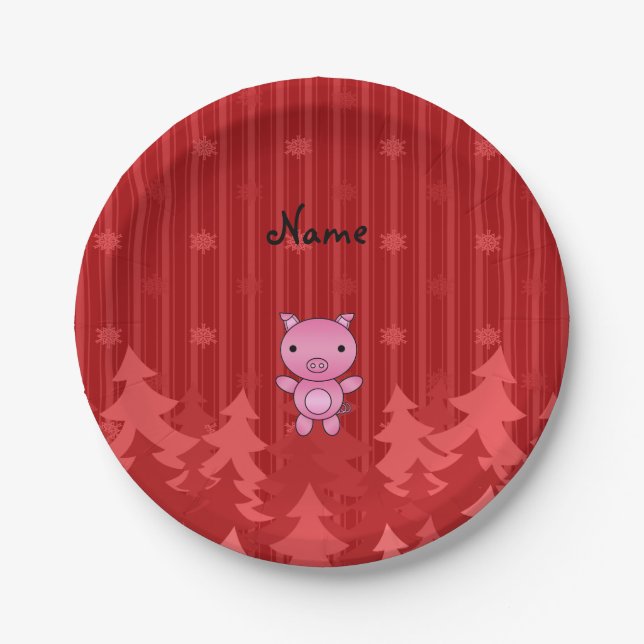 Personalisierter Name Rote Weihnachtsbäume Pappteller (Vorderseite)
