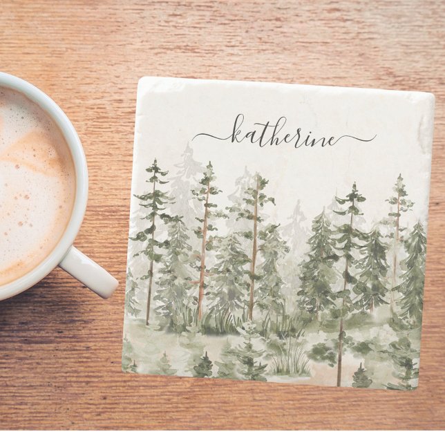 Personalisierter Name Rustikale grüne Pinienwälder Steinuntersetzer (In situ)