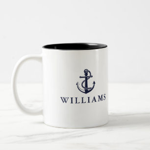 Personalisierter Name Schiffsanker Marineblau Zweifarbige Tasse