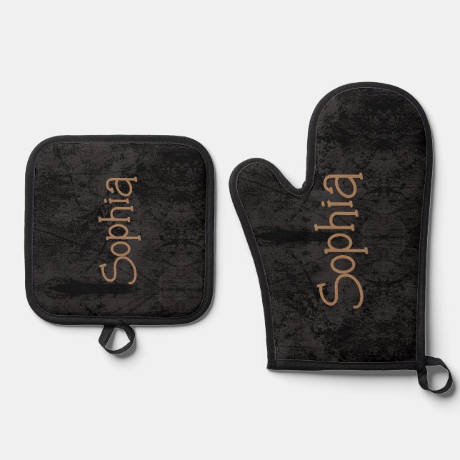 Personalisierter Name Schwarz Ofenhandschuh & Topflappen-Set (Vorderseite)