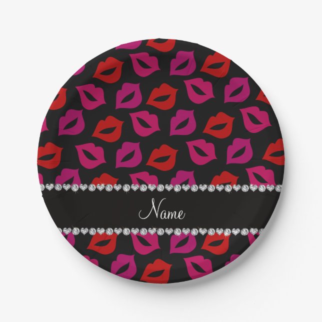 Personalisierter Name Schwarz Rosa Lippen Pappteller (Vorderseite)