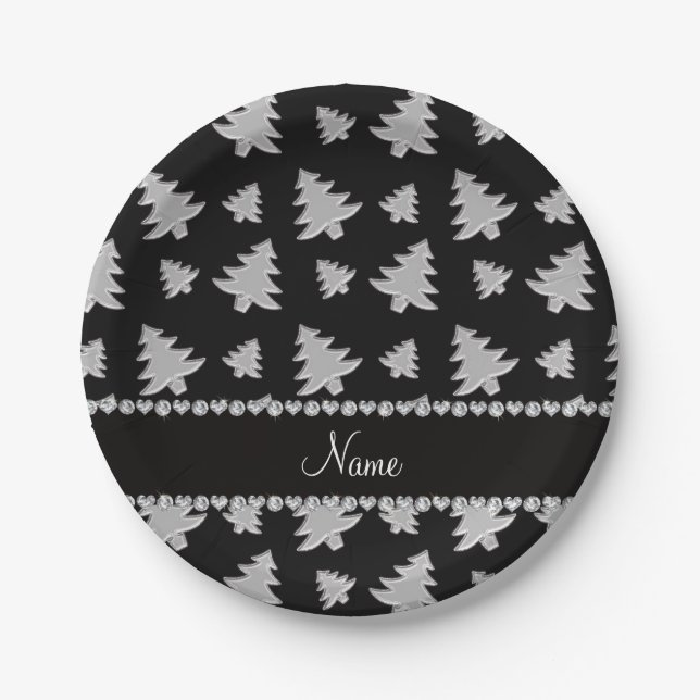 Personalisierter Name schwarz-silberne Weihnachtsb Pappteller (Vorderseite)