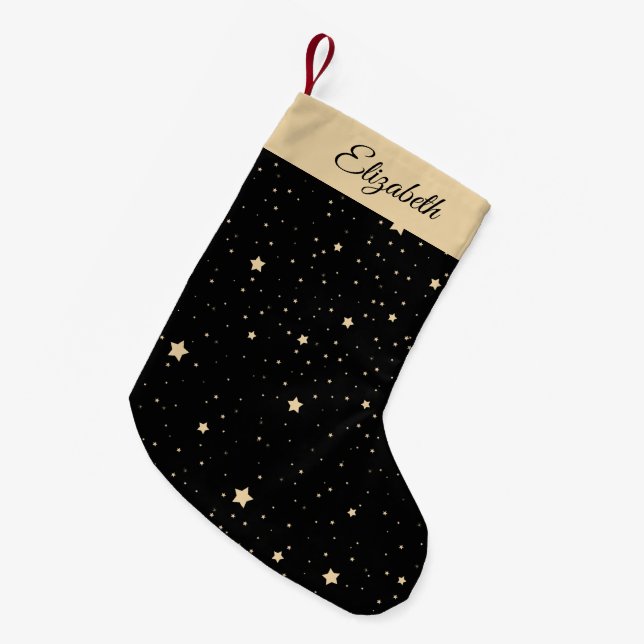 Personalisierter Name Schwarz und Gold Sternennach Kleiner Weihnachtsstrumpf (Vorderansicht (hängend))