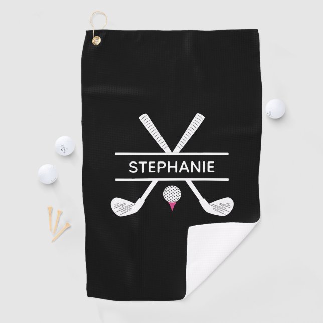 Personalisierter Name Schwarz-weiß rosa Golfhandtuch (Insitu)