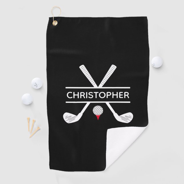 Personalisierter Name Schwarz-weiß rot Golfhandtuch (Insitu)