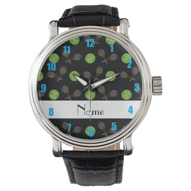 Personalisierter Name: schwarze Tennisbälle Armbanduhr (Vorderseite)