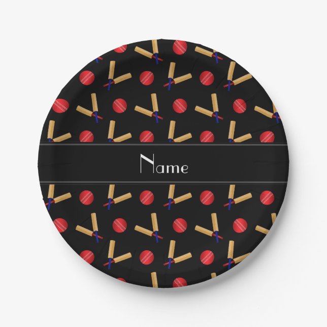 Personalisierter Name schwarzer Cricket-Muster Pappteller (Vorderseite)