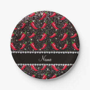 Personalisierter Name Schwarzer Glitzer Chili Pfef Pappteller