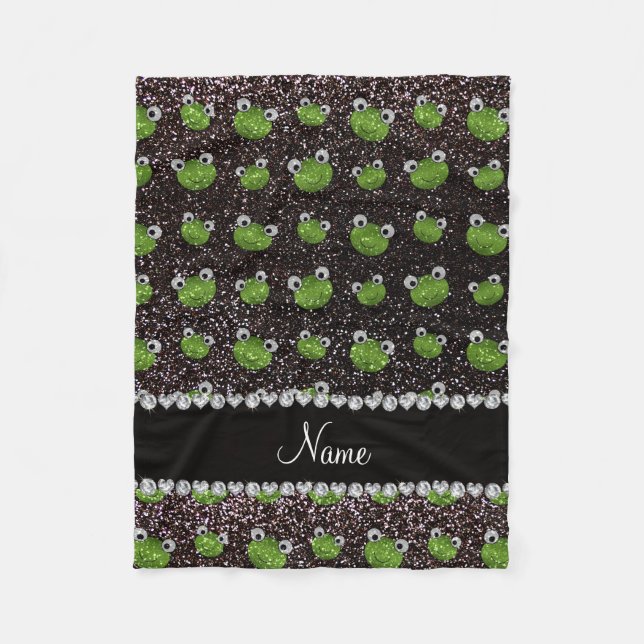 Personalisierter Name Schwarzer Glitzer Frosch Fleecedecke (Vorderseite)
