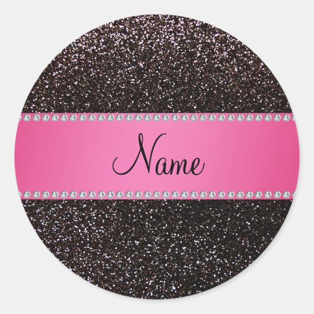 Personalisierter Name Schwarzer Glitzer Rosa Strei Runder Aufkleber (Vorderseite)