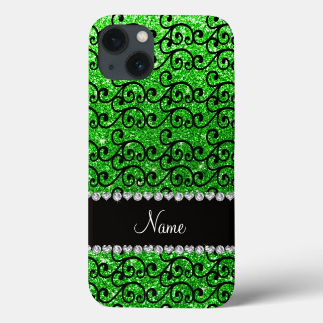 Personalisierter Name Schwarzer Kalkgrün Glitzer W Case-Mate iPhone Hülle (Rückseite)
