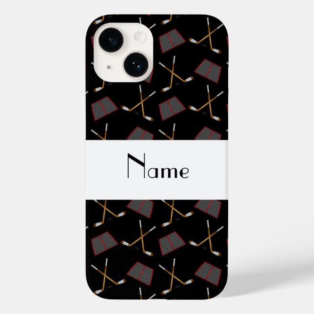 Personalisierter Name schwarzes Hockeymuster Case-Mate iPhone 14 Hülle (Rückseite)
