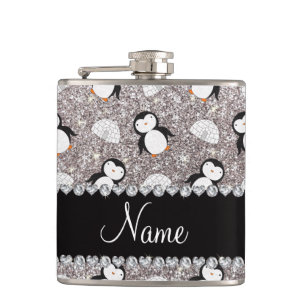 Personalisierter Name silber Glitzer Pinguine Iglu Flachmann