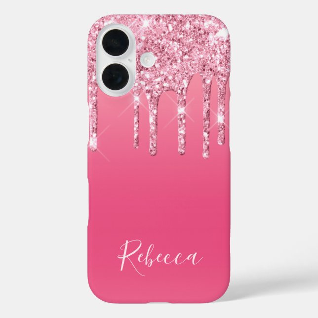 Personalisierter Name Skript Rosa Glitzer Drift iPhone 16 Hülle (Rückseite)