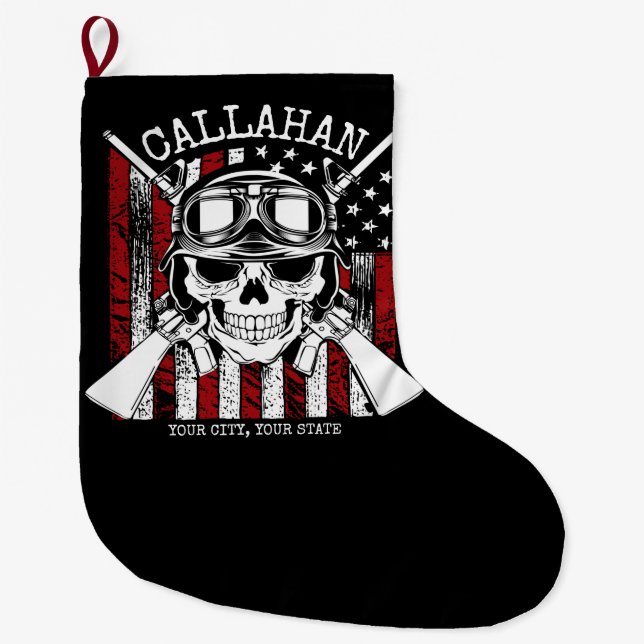 Personalisierter NAME Soldier Skull Duale Guns USA Großer Weihnachtsstrumpf (Vorderseite)
