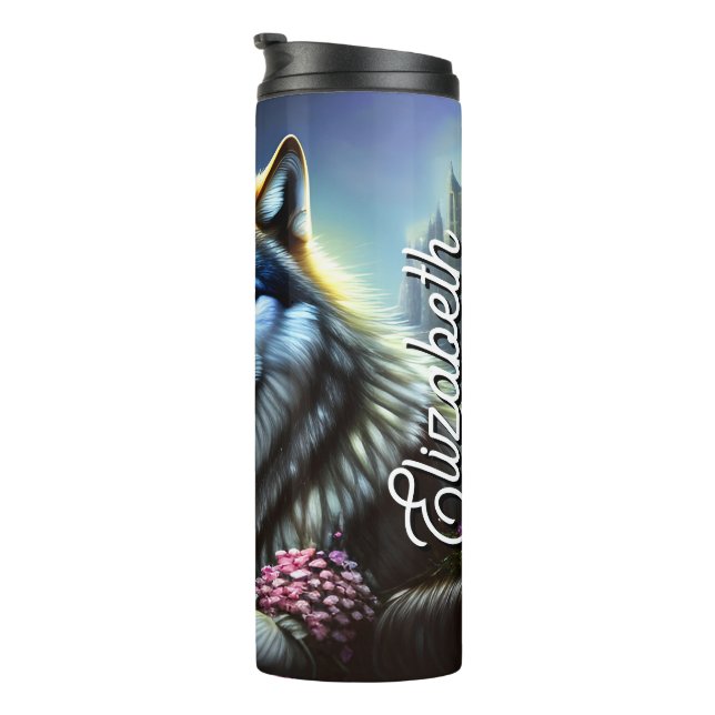 Personalisierter Name Stille Geist des Waldes Thermosbecher (Nach rechts gedreht)