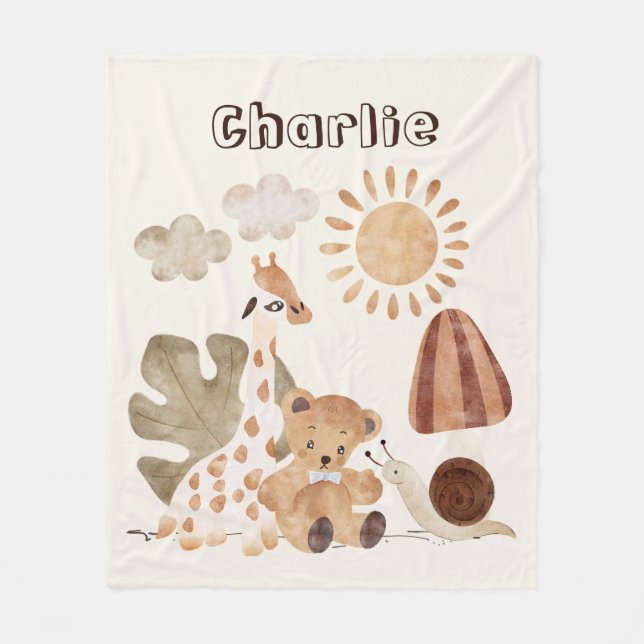 Personalisierter Name Text Boho Woodland Jungtier Fleecedecke (Vorderseite)