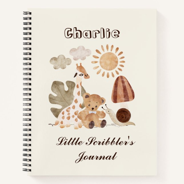Personalisierter Name Text Boho Woodland Jungtier Notizbuch (Vorderseite)