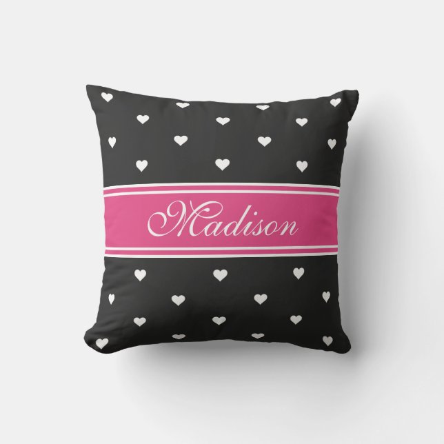 Personalisierter Name Tiny Hearts in Pink und Schw Kissen (Vorderseite)