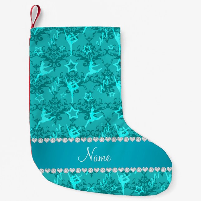 Personalisierter Name Türkis Damast Gymnastik Kleiner Weihnachtsstrumpf (Vorderseite)