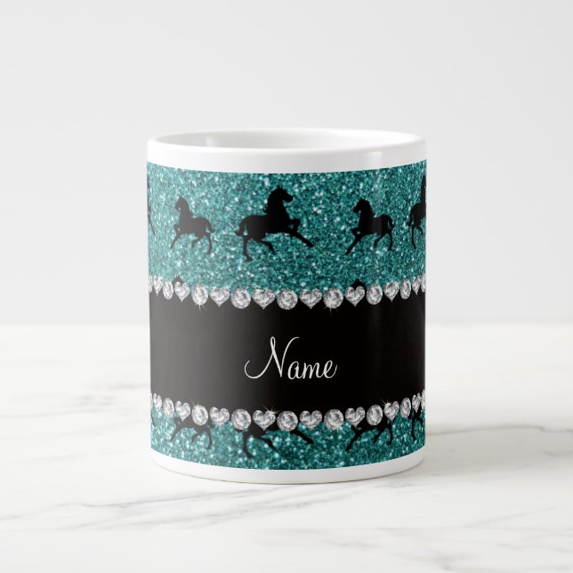Personalisierter Name Türkis Glitzer Pferde Jumbo-Tasse (Vorderseite)