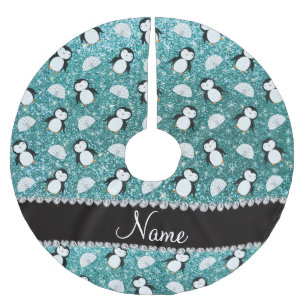 Personalisierter Name Türkis Glitzer Pinguine Iglu Polyester Weihnachtsbaumdecke