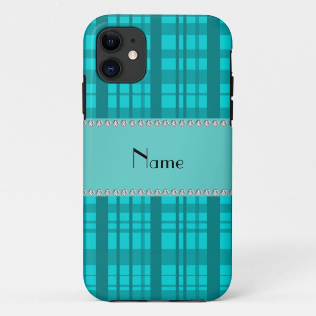 Personalisierter Name Türkis kariertes Muster Case-Mate iPhone Hülle (Rückseite)