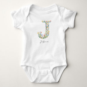 Personalisierter Name und florale Monogramm "J" Baby Strampler