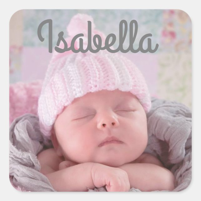 Personalisierter Name und Foto des Säuglings Quadratischer Aufkleber (Vorderseite)