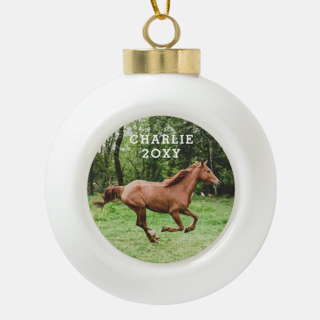 Personalisierter Name und Jahr Pferd Foto Keramik Kugel-Ornament (Vorderseite)
