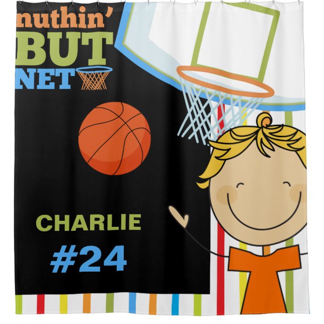 Personalisierter Name und Nummer Boys Basketball Duschvorhang (Vorderseite)