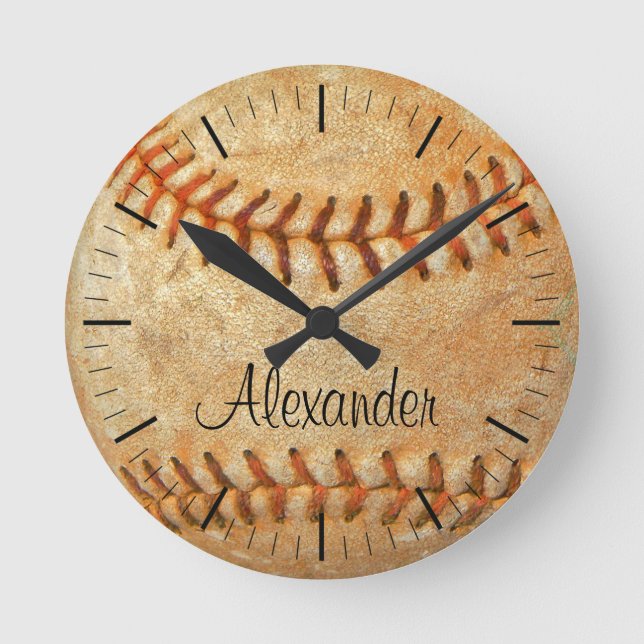Personalisierter Name und Nummer Weißer Baseball Runde Wanduhr (Vorderseite)
