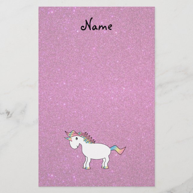 Personalisierter Name unicorn rosa Glitzer Briefpapier (Vorderseite)