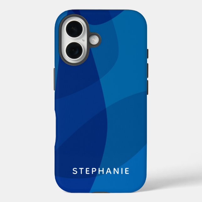 Personalisierter Name Vibranly Bright Modern Blue iPhone 16 Hülle (Rückseite)