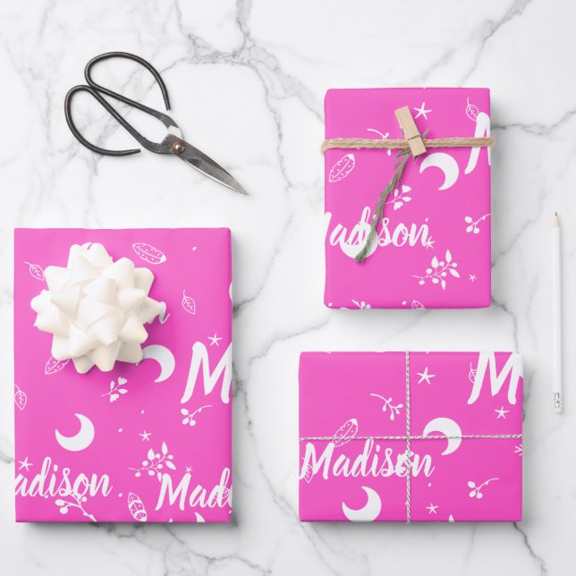 Personalisierter Name Vibranve Fuchsia Pink Geschenkpapier Set (Vorderseite)