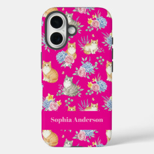 Personalisierter Name Wasserfarbe Katzen und Blume iPhone 16 Hülle