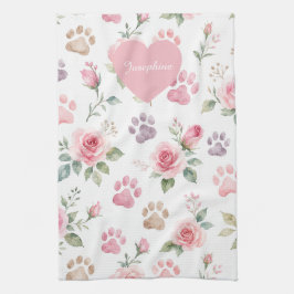 Personalisierter Name Wasserfarbe Rose & Pfotenabd Geschirrtuch