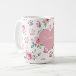 Personalisierter Name Wasserfarbe Rose & Pfotenabd Kaffeetasse