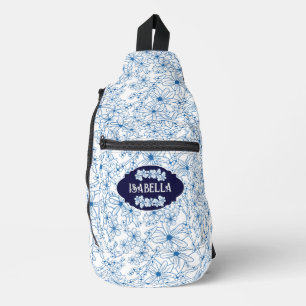 Personalisierter Name Weiblich Blaues Blumenmuster Crossbody Bag