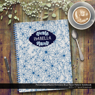 Personalisierter Name Weiblich Blaues Blumenmuster Notizbuch