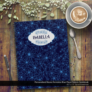 Personalisierter Name Weiblich Blaues Blumenmuster Notizbuch