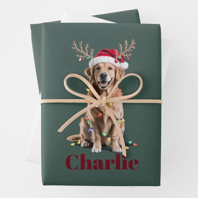 Personalisierter Name Weihnachten Golden Retriever Geschenkpapier Set (Beispiel)