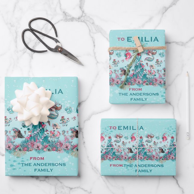 Personalisierter Name Weihnachten Meerjungfrau und Geschenkpapier Set (Vorderseite)