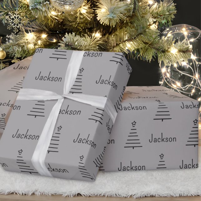 Personalisierter Name Weihnachtsbaum Graues Gesche Geschenkpapier (Von Creator hochgeladen)
