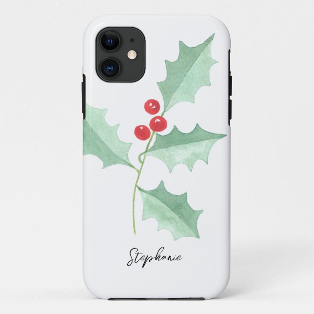 Personalisierter Name Weihnachtsgrün & Rote Berry Case-Mate iPhone Hülle (Rückseite)