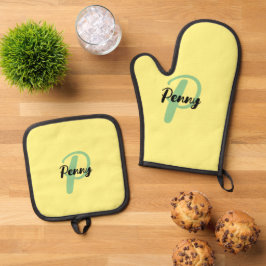 Personalisierter Name Yellow Oven Glove Ofenhandschuh & Topflappen-Set