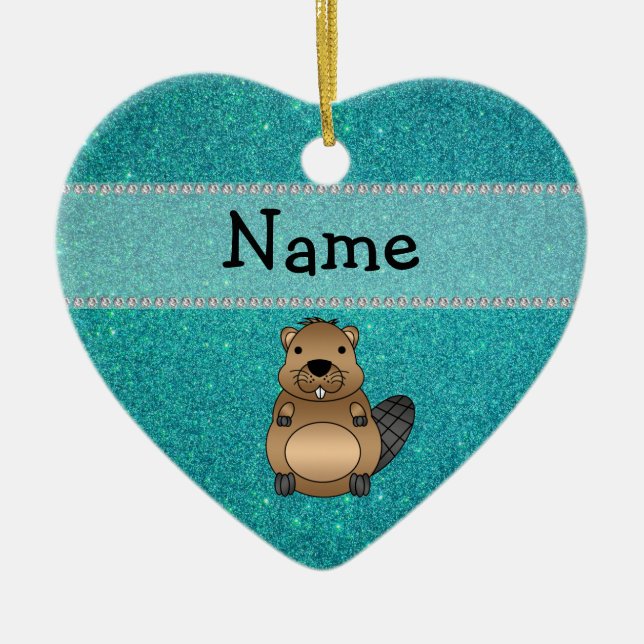 Personalisierter Namensbibertürkis-Glitter Keramikornament (Vorne)