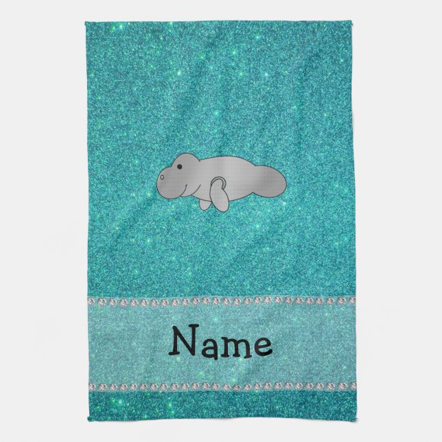 Personalisierter Namensmanatistürkis-Glitter Handtuch (Vertikal)