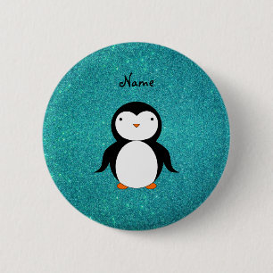 Personalisierter Namenspenguintürkis-Glitter Button