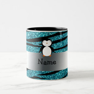 Personalisierter Namenspenguintürkis-Glitter Zebra Zweifarbige Tasse